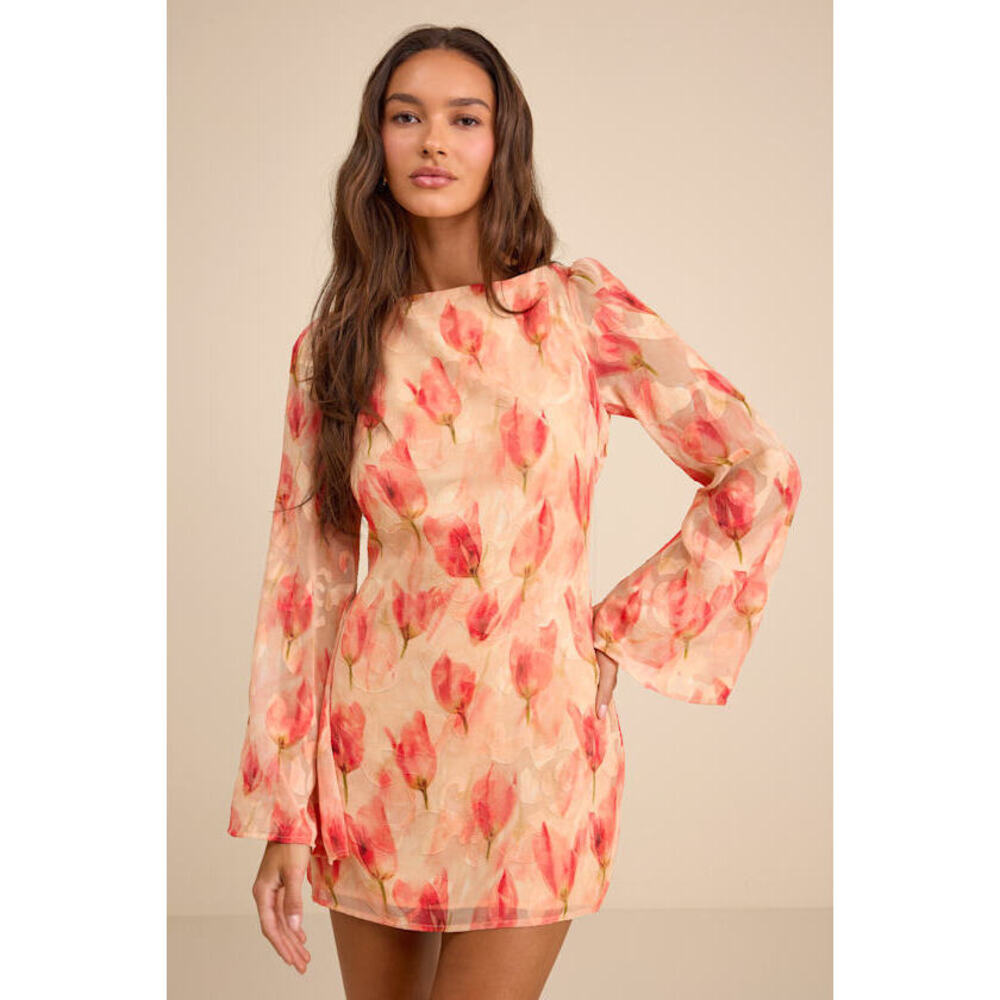 Lulus Jaleen Peach Floral Jacquard Bell Sleeve Mini Dress Orange - Size S